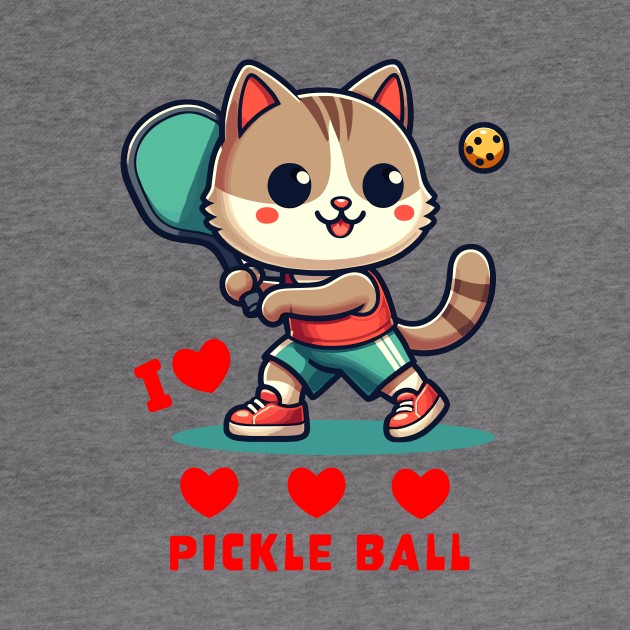I Love Pickle Ball, Cute Cat playing Pickle Ball, funny graphic t-shirt for lovers of Pickle Ball and Cats by Cat In Orbit ®